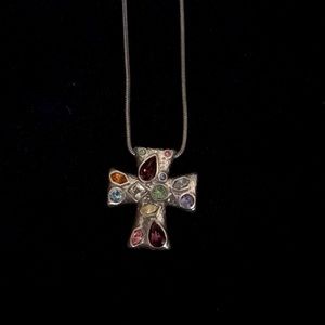 Brighton silver cross necklace with multicolored stones.
